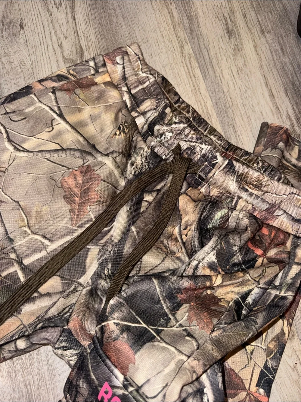 Women's Camo Cargo Pants in Brown with Pink Logo - Picture 4 of 5